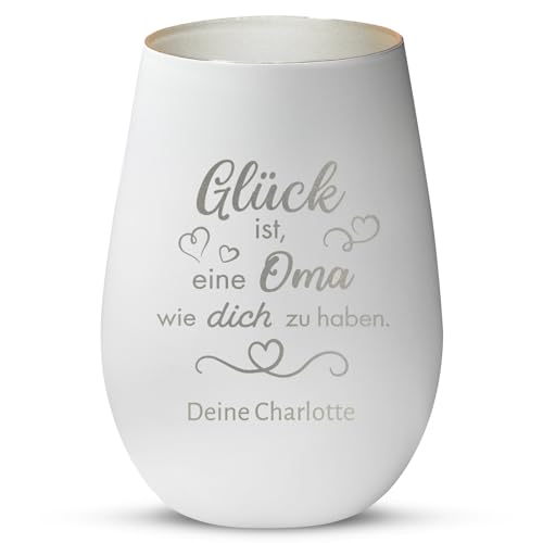 Love Faith Glück ist... Windlicht Weiß/Silber - Personalisiertes Windlicht für Teelichter mit Gravur - Geschenk für Eltern, Großeltern & Freunde von Love Faith