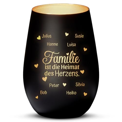 Love Faith Heimat des Herzens Windlicht Schwarz/Gold - Personalisiertes Windlicht für Teelichter mit Namen-Gravur - Geschenk für Eltern & Großeltern von Love Faith