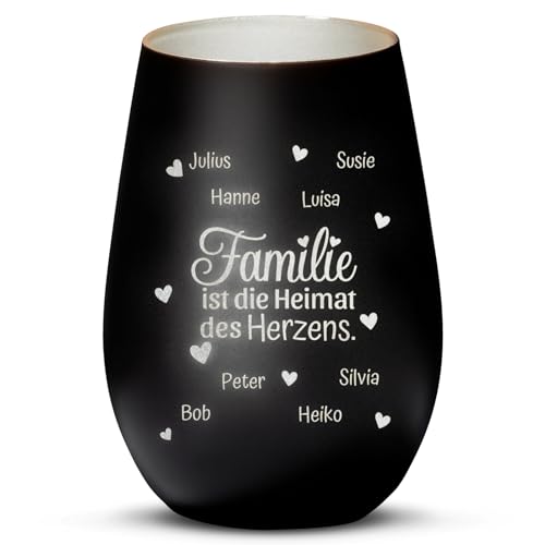 Love Faith Heimat des Herzens Windlicht Schwarz/Silber - Personalisiertes Windlicht für Teelichter mit Namen-Gravur - Geschenk für Eltern & Großeltern von Love Faith