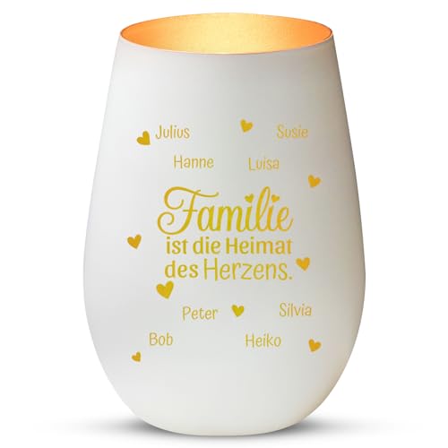 Love Faith Heimat des Herzens Windlicht Weiß/Gold - Personalisiertes Windlicht für Teelichter mit Namen-Gravur - Geschenk für Eltern & Großeltern von Love Faith