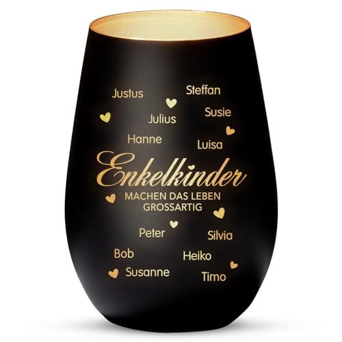 Love Faith Meine Enkelkinder Windlicht Schwarz/Gold - Personalisiertes Windlicht für Teelichter mit Namen-Gravur - Geschenk für Oma & Opa von Love Faith