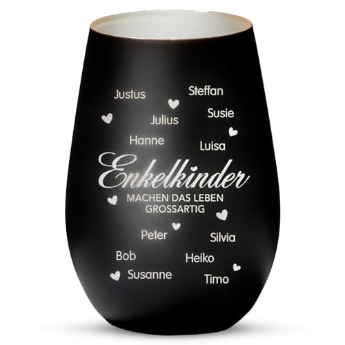 Love Faith Meine Enkelkinder Windlicht Schwarz/Silber - Personalisiertes Windlicht für Teelichter mit Namen-Gravur - Geschenk für Oma & Opa von Love Faith