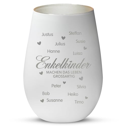 Love Faith Meine Enkelkinder Windlicht Weiß/Silber - Personalisiertes Windlicht für Teelichter mit Namen-Gravur - Geschenk für Oma & Opa von Love Faith