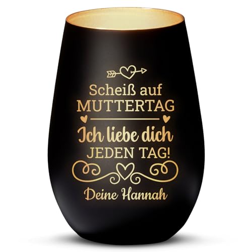 Love Faith Scheiß auf Muttertag Windlicht Schwarz/Gold - Personalisiertes Windlicht für Teelichter mit Namen-Gravur - Geschenk für Mama von Love Faith