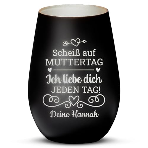 Love Faith Scheiß auf Muttertag Windlicht Schwarz/Silber - Personalisiertes Windlicht für Teelichter mit Namen-Gravur - Geschenk zum Muttertag von Love Faith