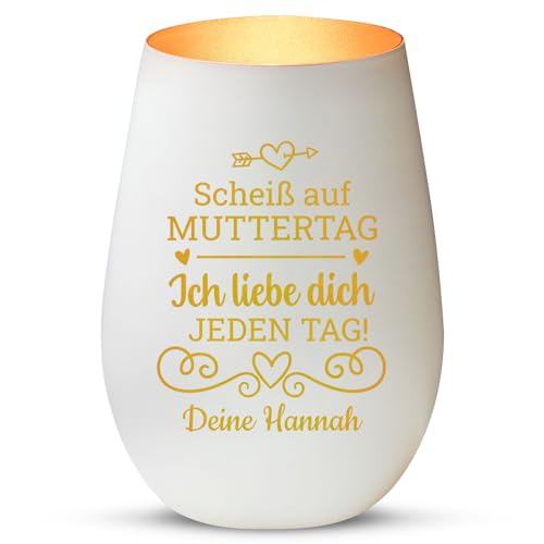 Love Faith Scheiß auf Muttertag Windlicht Weiß/Gold - Personalisiertes Windlicht für Teelichter mit Namen-Gravur - Geschenk zum Muttertag von Love Faith