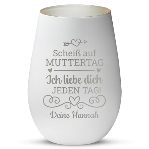 Love Faith Scheiß auf Muttertag Windlicht Weiß/Silber - Personalisiertes Windlicht für Teelichter mit Namen-Gravur - Geschenk zum Muttertag von Love Faith