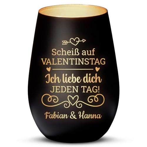 Love Faith Valentinstag Windlicht Schwarz/Gold - Personalisiertes Windlicht für Teelichter mit Namen-Gravur - Geschenk für Paare von Love Faith