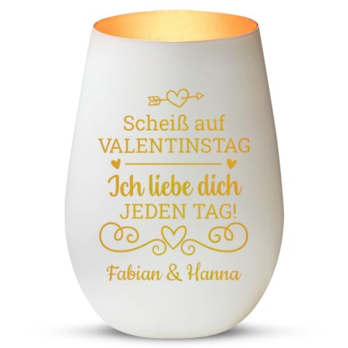 Love Faith Valentinstag Windlicht Weiß/Gold - Personalisiertes Windlicht für Teelichter mit Namen-Gravur - Geschenk für Paare von Love Faith