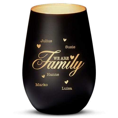 Love Faith We Are Family Windlicht Schwarz/Gold - Personalisiertes Windlicht für Teelichter mit Namen-Gravur - Geschenk für Eltern & Großeltern von Love Faith