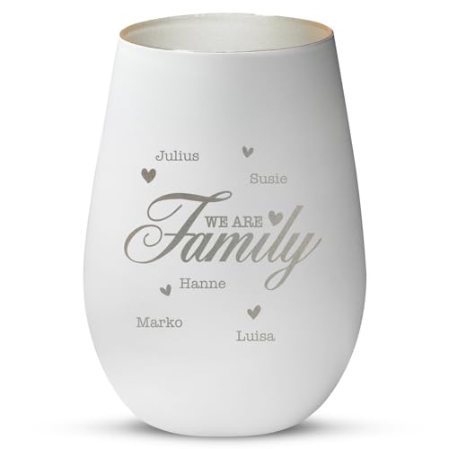 Love Faith We Are Family Windlicht Weiß/Silber - Personalisiertes Windlicht für Teelichter mit Namen-Gravur - Geschenk für Eltern & Großeltern von Love Faith