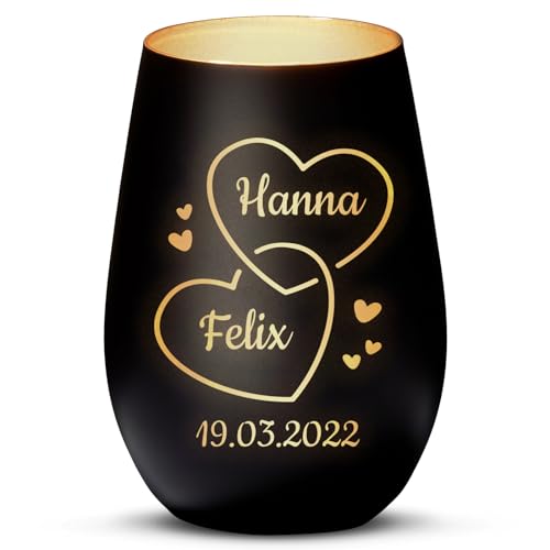 Love Faith Zwei Herzen - Paar-Windlicht Schwarz/Gold - Personalisiertes Windlicht für Hochzeit mit Namen-Gravur - Geschenk für Brautpaare von Love Faith