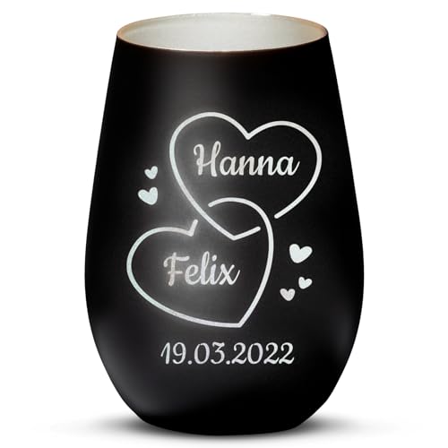 Love Faith Zwei Herzen - Paar-Windlicht Schwarz/Silber - Personalisiertes Windlicht für Teelichter mit Namen-Gravur - Geschenk für Paare von Love Faith