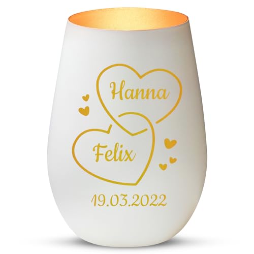 Love Faith Zwei Herzen - Paar-Windlicht Weiß/Gold - Personalisiertes Windlicht für Teelichter mit Namen-Gravur - Geschenk für Paare von Love Faith