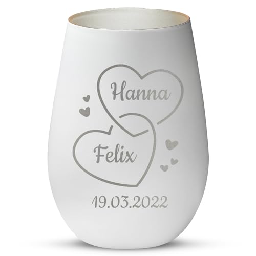 Love Faith Zwei Herzen - Paar-Windlicht Weiß/Silber - Personalisiertes Windlicht für Teelichter mit Namen-Gravur - Geschenk für Paare von Love Faith