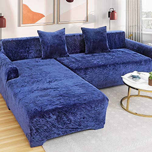 Love House Velvet Plüsch Schonbezug Sofa, Stretch Sofa Überwurf Sofabezug Weich Dick Sofahusse Für L-Form Schnittcouch,1 2 3 4 Sitzer -blau Sofa von Love House