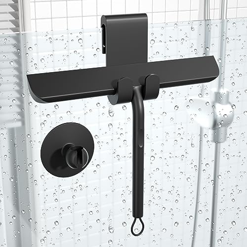 Love-KANKEI Duschabzieher schwarz Silikon, Abzieher Dusche mit Halterung ohne Bohren, Fensterabzieher klein mat, Glasabzieher 21cm breit, Abzieher mit Edelstahl-Kern für Spiegel,Badezimmer,Duschwand… von Love-KANKEI