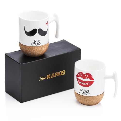 Love-KANKEI MR MRS Tassen Kaffeetassen Hochzeitsgeschenk Kaffeebecher Set, Korkboden Design Keramik 300ml, Hochzeit Valentinstag Pärchen Ehepaar Freunde von Love-KANKEI