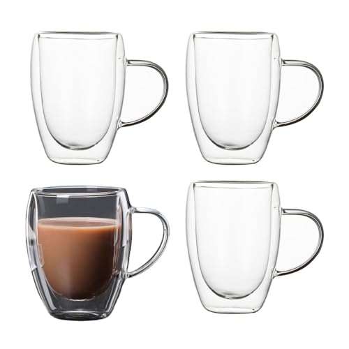 4x350ml Doppelwandige Latte Macchiato Gläser Doppelmauerte Borosilikatglas Kaffeegläser mit Griff klare Hitzebeständige Thermo Kaffeetassen Trinkgläser für Cappuccino,Espresso,Tee,EIS,Milch,Saft,Bier von LoveFirst