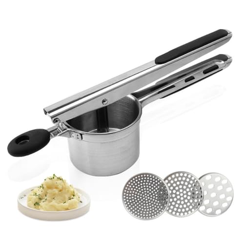 LoveFirst Kartoffelpresse Edelstahl Kartoffelstampfer mit 3 Austauschbare Sieb Spülmaschinenfest, Rutschfestem Silikongriff Für Kartoffelpüree, Fruchtpürees, Entsaften, Gemüsepürees und Babynahrung von LoveFirst