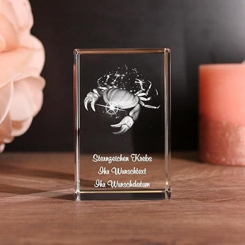 LoveGoals 3D Glasquader Sternzeichen Krebs mit Deinem Wunschtext graviert von LoveGoals