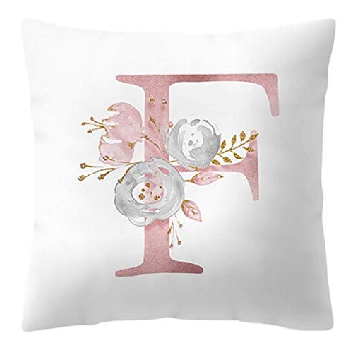 Kissenbezug – 45 x 45 cm – Buchstabe F – Initiale – Name – Alphabet – Zierkissen – Sofa – Bett – Zuhause – Schlafzimmer – Rosen – Blumen – Weiß und Rosa von LoveLegis