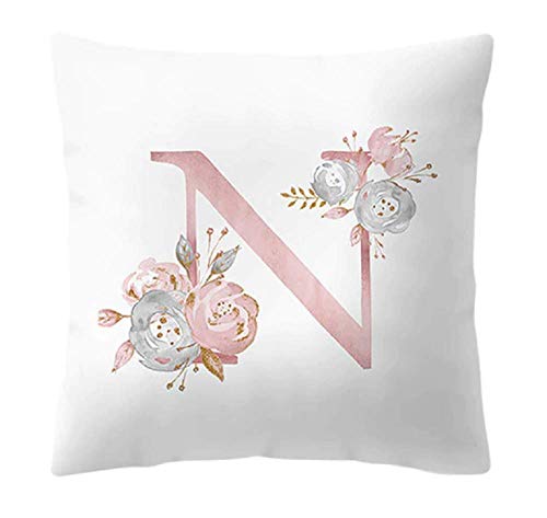 Kissenbezug – 45 x 45 cm – Buchstabe N – Initiale – Name – Alphabet – Zierkissen – Sofa – Bett – Zuhause – Schlafzimmer – Rosen – Blumen – Weiß und Rosa von LoveLegis