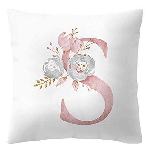 Kissenbezug – 45 x 45 cm – Buchstabe S – Initiale – Name – Alphabet – Zierkissen – Sofa – Bett – Zuhause – Schlafzimmer – Rosen – Blumen – Weiß und Rosa von LoveLegis