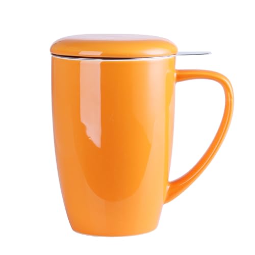 LOVECASA Porzellan Teetasse, Tee Becher mit Edelstahl Teefilter für Früchtetee, lose Tee, Teebeutel, 480 ml, Orange von LOVECASA