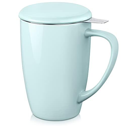 LOVECASA Porzellan Teetasse, mit Edelstahl Teesieb, 480 ml Tee Becher mit Deckel, Himmelblau von LOVECASA