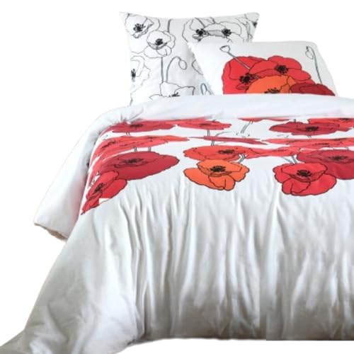 Lovely Casa - Bettbezug 240 x 220 cm und 2 Kopfkissenbezüge 63 x 63 cm – Diane – 100% Baumwolle – Öko-Tex Zertifiziert – Bettwäsche – Romance – Blume – Champêtre – Mohnblume – Weiß Rot – für von Lovely Casa