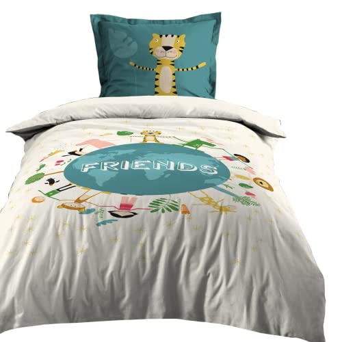 Lovely Casa - Bettwäsche Bettbezug + 1 Kissenbezug – Größe 140 x 200 cm – 100 % Baumwolle – Modell Freunde – Blau und Natur – Jungen oder Mädchen – Löwe – Tiger – Friends von Lovely Casa