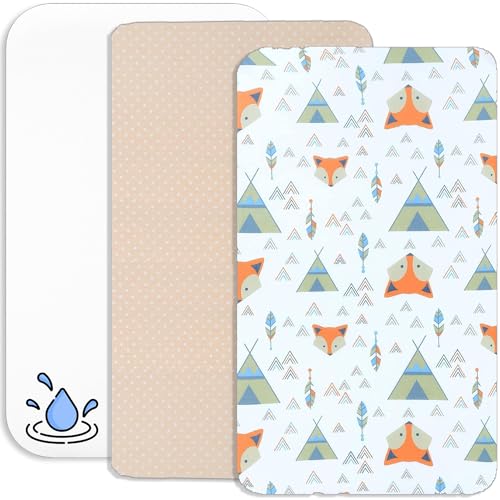 Lovely Hippo 2X Spannbettlaken 100% Baumwolle + 1X Matratzenschoner 100% wasserdichtem Material - Set 3X - Kompatibel Kinderkraft Neste Up (Tipi Fuchs, 55 x 90 cm) von Lovely Hippo