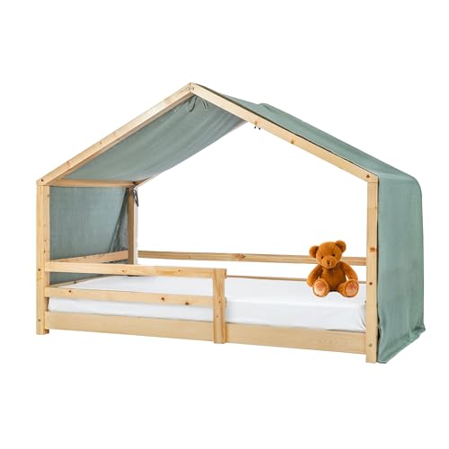 Lovely Hippo Hausbett Himmel Deko-Set für Kinderbett mit Baldachin, Bettwäsche aus Baumwollmusselin für Kinderbett bis 4m Länge - Kinderzimmerdekoration (Modell 2, Eukalyptus/Gold) von Lovely Hippo