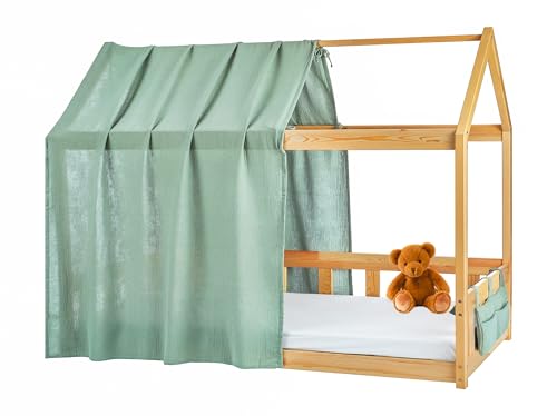 Lovely Hippo Hausbett Himmel Deko-Set für Kinderbett mit Baldachin, Bettwäsche aus Baumwollmusselin für Kinderbett bis 3,7m Länge – Kinderzimmerdekoration (Modell 1 + Tasche, Eukalyptus/Gold) von Lovely Hippo