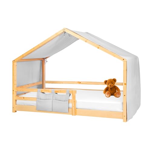 Lovely Hippo Hausbett Himmel Deko-Set für Kinderbett mit Baldachin, Bettwäsche aus Baumwollmusselin für Kinderbett bis 4m Länge - Kinderzimmerdekoration (Modell 2 + Tasche, Grau) von Lovely Hippo