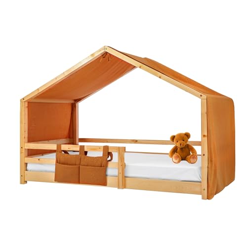 Lovely Hippo Hausbett Himmel Deko-Set für Kinderbett mit Baldachin, Bettwäsche aus Baumwollmusselin für Kinderbett bis 4m Länge - Kinderzimmerdekoration (Modell 2 + Tasche, Kamel/Gold) von Lovely Hippo