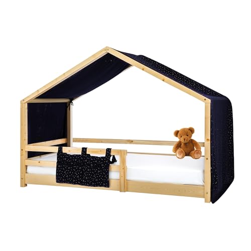 Lovely Hippo Hausbett Himmel Deko-Set für Kinderbett mit Baldachin, Bettwäsche aus Baumwollmusselin für Kinderbett bis 4m Länge - Kinderzimmerdekoration (Modell 2 + Tasche, Nachtblau/Gold) von Lovely Hippo