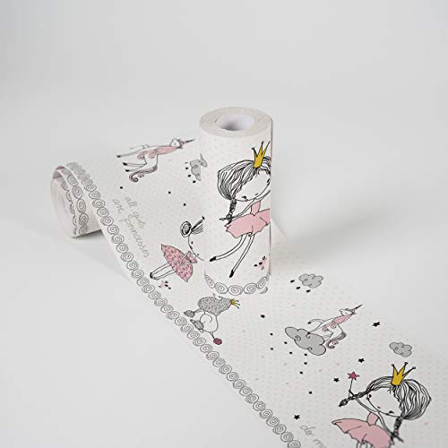 Kinderzimmer Bordüre selbstklebend Magic Princess Wandbordüre Prinzessin für Babyzimmer und Kinderzimmer Wandtattoo für Mädchen und Jungen in weiß, grau, rosa, schwarz von Lovely Kids