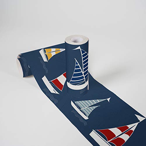 Kinderzimmer Bordüre selbstklebend Sailor Friends Wandbordüre mit Segelbooten für Babyzimmer und Kinderzimmer Wandtattoo für Mädchen und Jungen in blau, weiß, rot, gelb von Lovely Kids