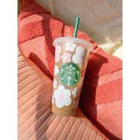 Pink Retro Blumen Starbucks Cup | Geschenk Für Daisy Liebhaber Und Beste Freundin Süße Blumentasse Wiederverwendbarer Becher Frühling Oder Sommer von LovelyJENs