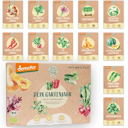 BIO Gartenjahr Gemüse Samen Set - 12 Sorten Demeter Gemüse Saatgut für das ganze Jahr | Seltene u. alte Gemüsesamen allesamt samenfest | Für Balkon, Hochbeet, Garten & als Geschenk | Loveplants von Loveplants