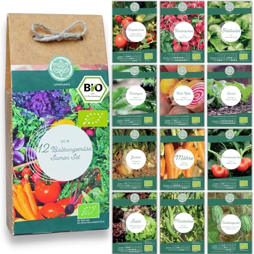 Bio Balkon & Hochbeet Gemüse Samen Set – 12 samenfeste Bio Gemüsesamen – mit extra viel Gemüse Saatgut für dein Urban Gardening Projekt, auf dem Balkon oder im Garten. Bio Pflanzensamen Set von Loveplants