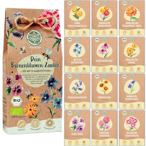 Bio Bienen Blumen Samen Set – 12 Sorten samenfeste Bio Blumensamen – mit extra viel Blumen Saatgut für deine Bienen. Schönes Pflanzensamen Set mit Wildblumensamen als Gastgeschenk. von Loveplants