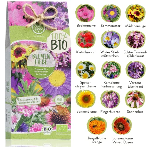Bio Blumen Samen Set – 14 Sorten samenfeste Bio Blumensamen – mit extra viel Blumen Saatgut für deinen Balkon oder Garten. Nachhaltiges Pflanzensamen Set mit Wildblumensamen als Gastgeschenk. von Loveplants