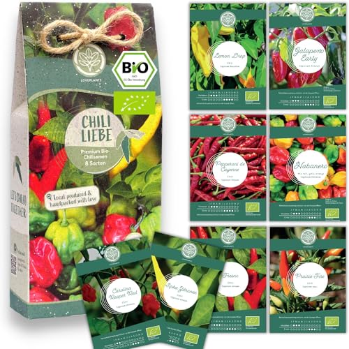 Bio Chili Samen Set – 8 milde bis extrem scharfe Bio Chilisamen in samenfester Qualität | von der schärfsten Carolina Reaper bis hin zu bunten und alten Chilli Samen Sorten – Peperoni Saatgut von Loveplants