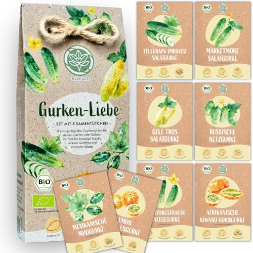 Bio Gurken Samen Set – 8 Sorten samenfeste, Freiland geeignete Bio Gurkensamen – mit extra viel Gurken Saatgut für deinen Balkon, Beet oder Garten. Snackgurken, Minigurken und Salatgurken Samen. von Loveplants