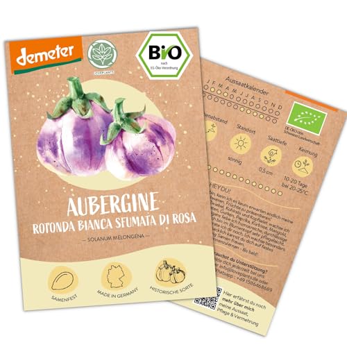 BIO Aubergine Samen, 10 Auberginen Samen, hohe Keimrate, Demeter zertifiziert & samenfest | Gemüse Saatgut von LOVEPLANTS, runde Sorte für Balkon, Garten, Hochbeet – alte Gemüsesorten von Loveplants