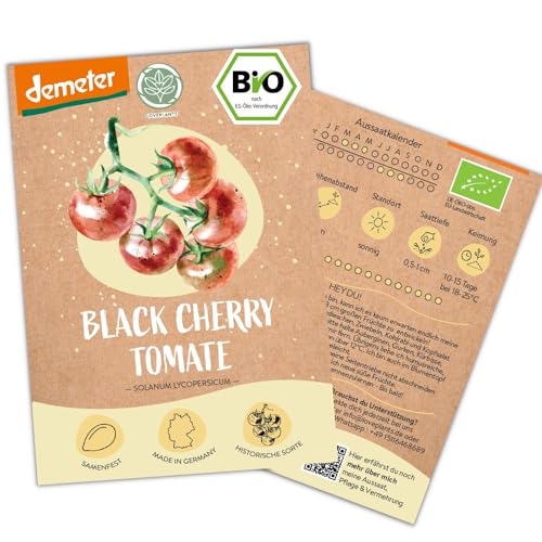 BIO Tomaten Samen Black Cherry, 10 Tomatensamen, hohe Keimrate, Demeter zertifiziert & samenfest | Gemüse Saatgut von LOVEPLANTS, Cocktailtomaten Samen für Balkon, Garten, Hochbeet – alte Gemüsesorten von Loveplants