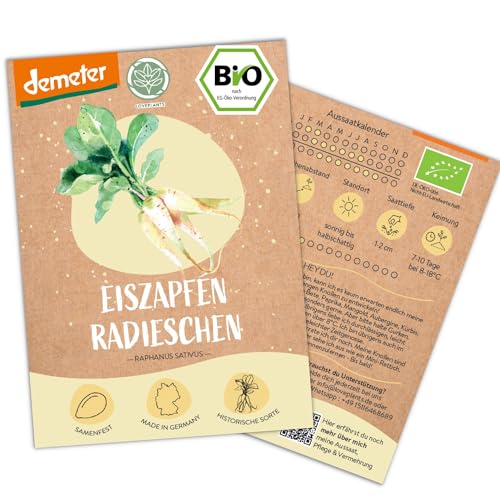 BIO Radieschen Samen, 150 Eiszapfen Radieschensamen, hohe Keimrate, Demeter zertifiziert & samenfest | Gemüse Saatgut von LOVEPLANTS, für Balkon, Gewächshaus, Garten, Hochbeet – alte Gemüsesorten von Loveplants